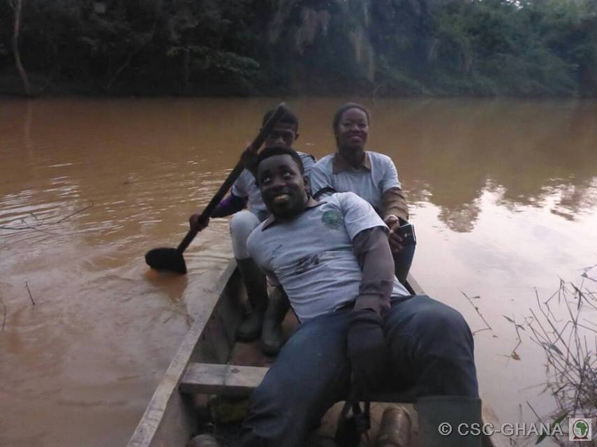 We take a ride on the Tano River in a canoe. The Tano River has been heavily polluted by illegal small scale miners